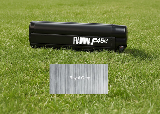 Fiamma F45S deep Black awning with Royal Grey fabric fitted at CCCAMPERS