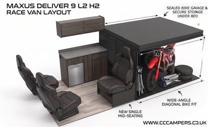 Ford Transit RaceVan Conversion | Garage, Fixed Bed, Toilet Room & Gas Hob | IMI EV Qualified | Built in Worcestershire