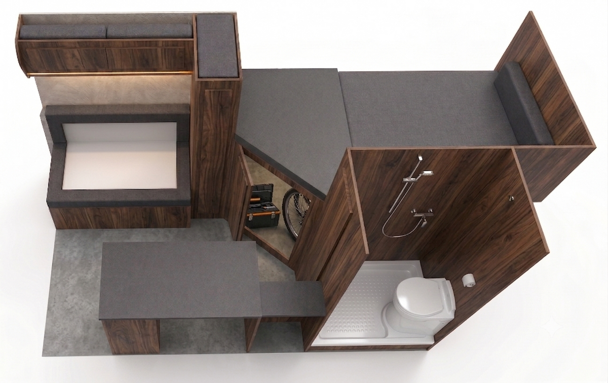 Camper van interior layout with fixed bed, toilet, and wood storage cabinets