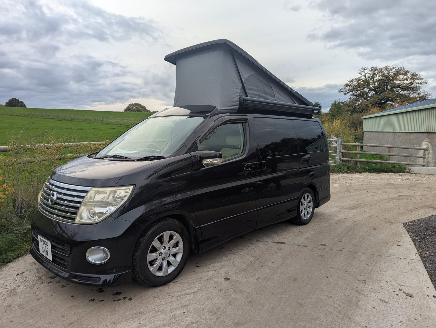 Nissan Elgrand E51 and E52 Campervan | Fiamma F45s 230cm wind out Awning – Black Case & Royal Grey Canopy