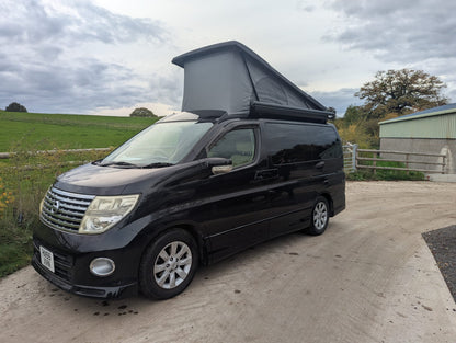 Nissan Elgrand E51 and E52 Campervan | Fiamma F45s 230cm wind out Awning – Black Case & Royal Grey Canopy
