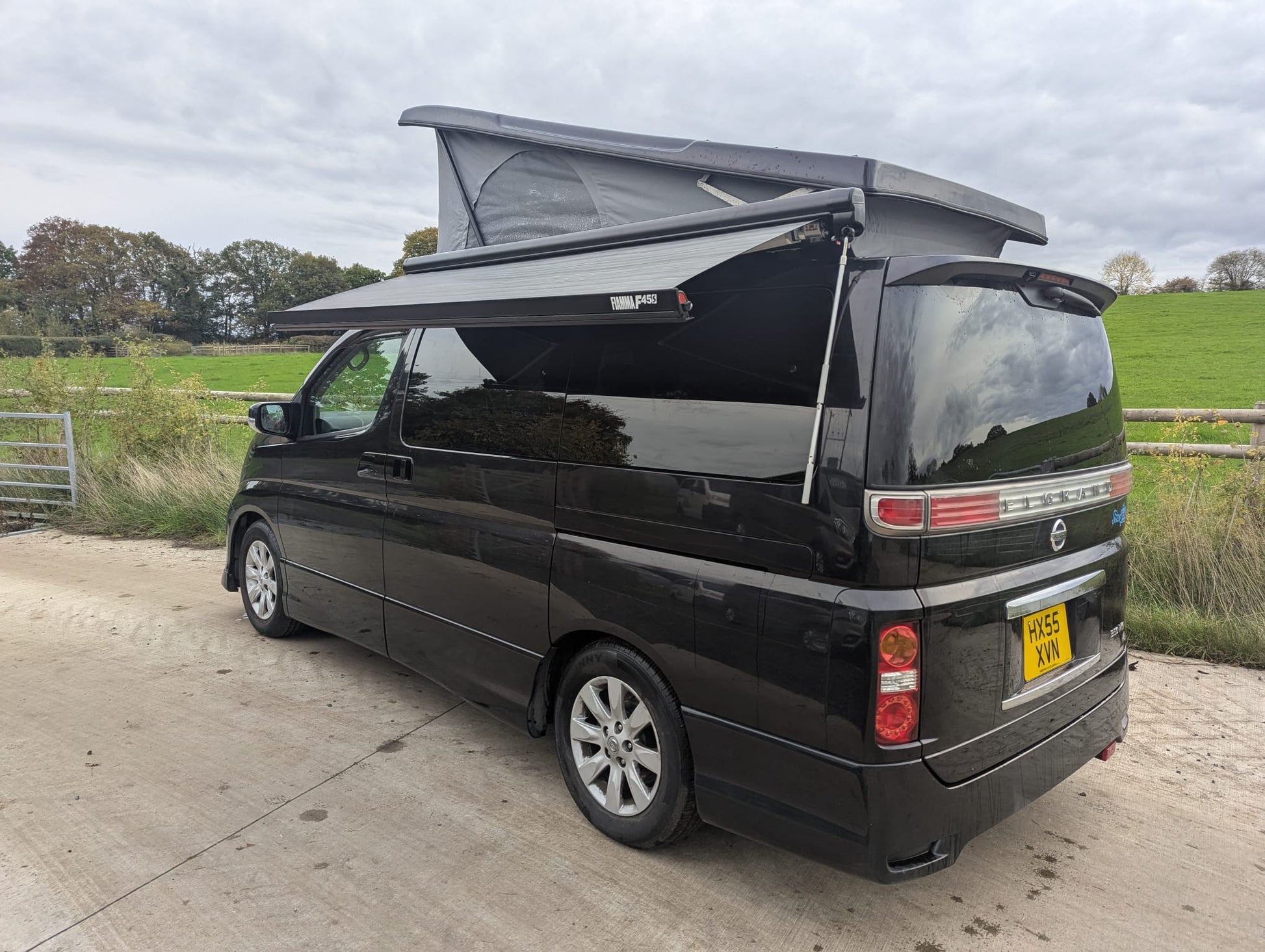Nissan Elgrand E51 and E52 Campervan | Fiamma F45s 230cm wind out Awning – Black Case & Royal Grey Canopy