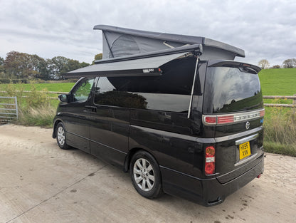 Nissan Elgrand E51 and E52 Campervan | Fiamma F45s 230cm wind out Awning – Black Case & Royal Grey Canopy