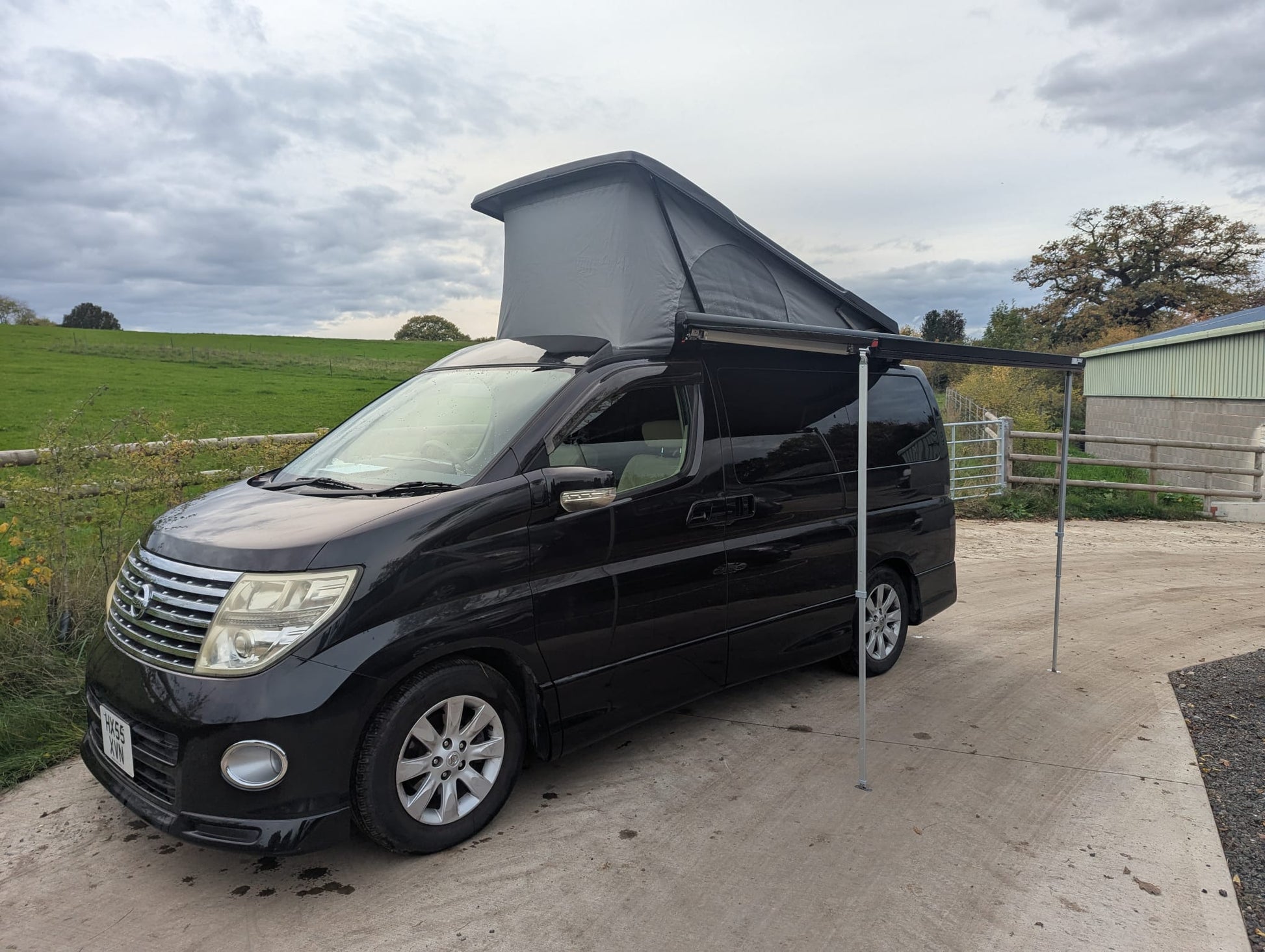 Nissan Elgrand E51 and E52 Campervan | Fiamma F45s 230cm wind out Awning – Black Case & Royal Grey Canopy