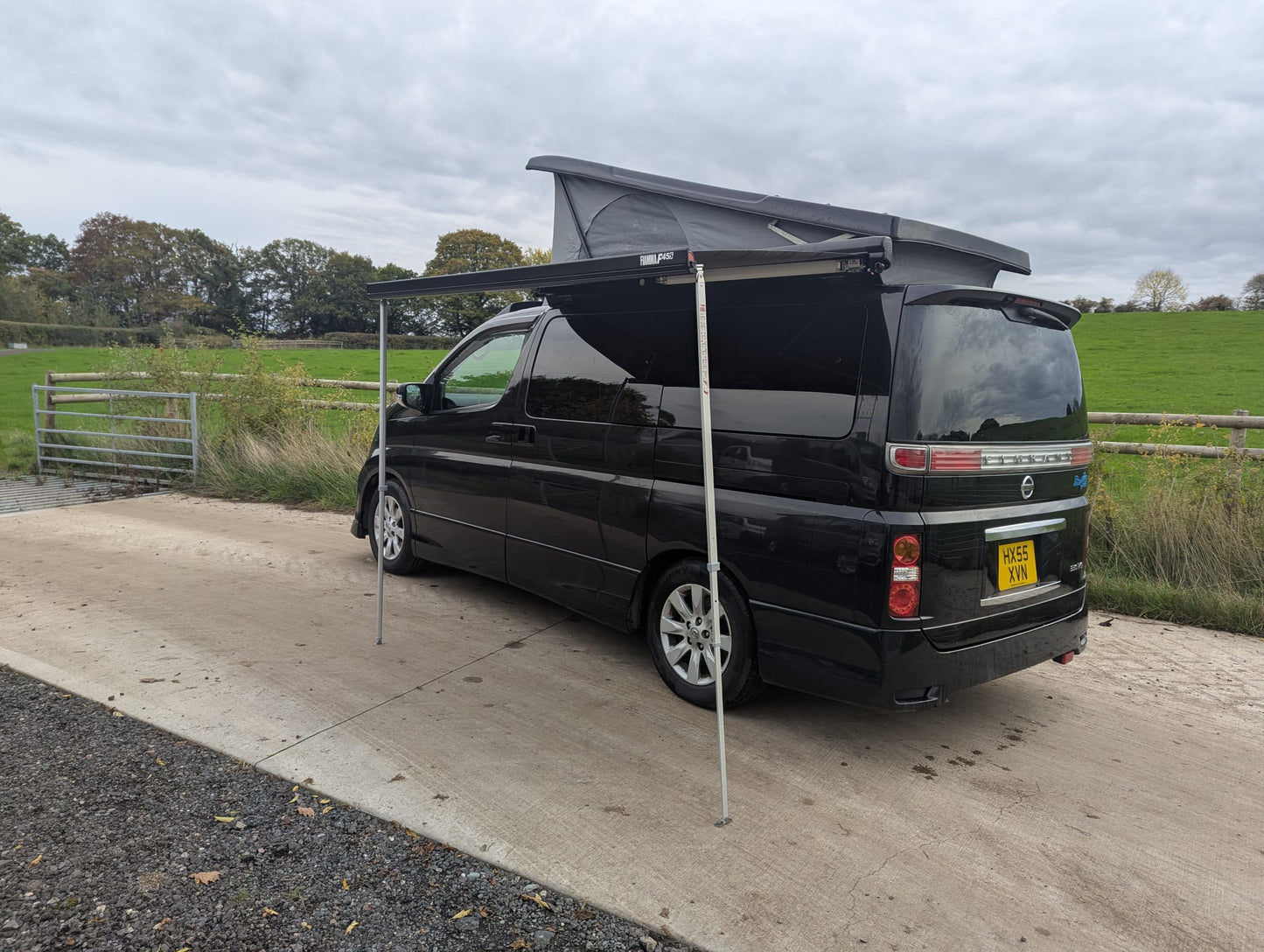 Nissan Elgrand E51 and E52 Campervan | Fiamma F45s 230cm wind out Awning – Black Case & Royal Grey Canopy