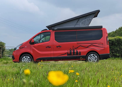 Red camper van with an open roof in a grassy field with flowers and trees in the background.
