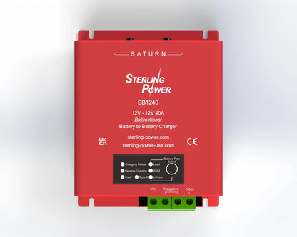 Sterling Power BB1240 red battery charger with terminal blocks and control indicators