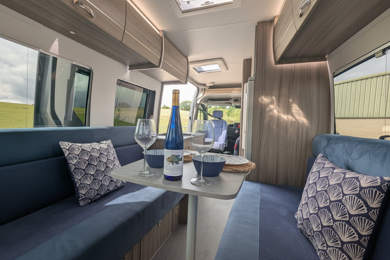 The interior of a Renault Master or nissan interstar motorhome dining area, featuring a blue upholstered bench seat on each side around a small table set with wine glasses, a bottle, and bowls. Decorative patterned pillows rest on the seats, and wood-grain paneling and windows line the space.