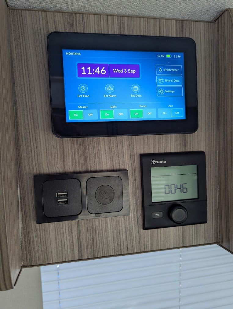 Digital display and control panel on a wooden wall