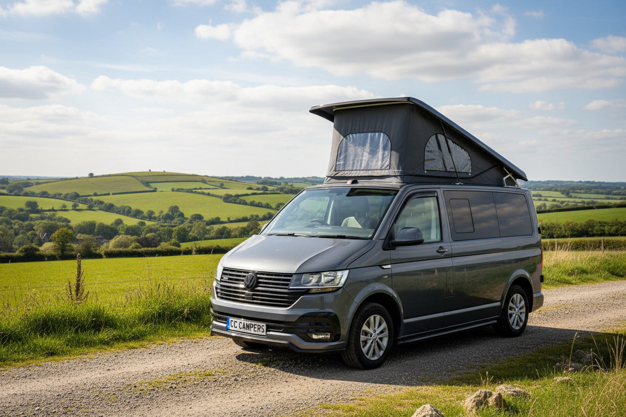 A dark gray Volkswagen camper van with a raised pop-top roof is parked outdoors.