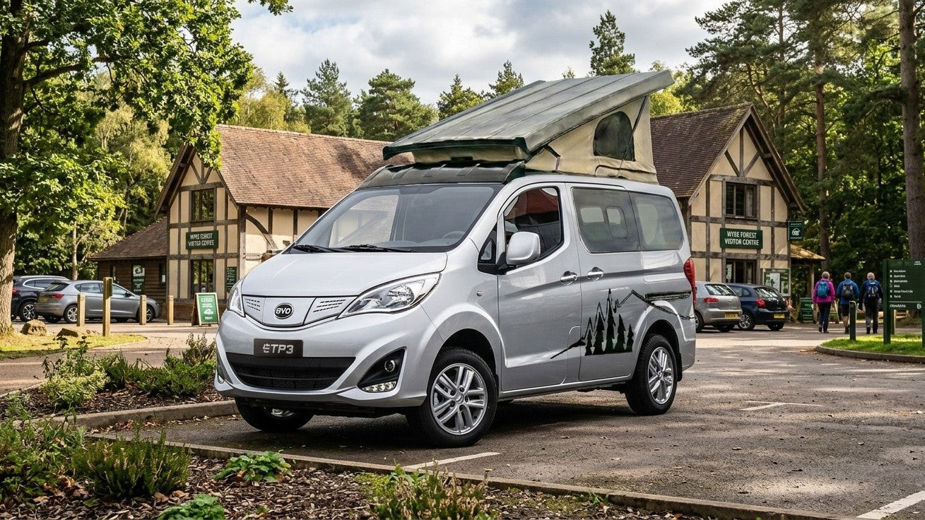 CCAMPERS Clee electric micro camper on BYD ETP3 chassis. Compact, zero-emission campervan conversion for city driving and off-grid camping.