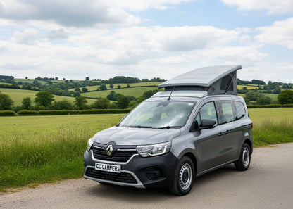 CCCampers Renault Kangoo LWB 2020 pop-top roof closed — exterior side view, white GRP finish with integrated front spoiler
