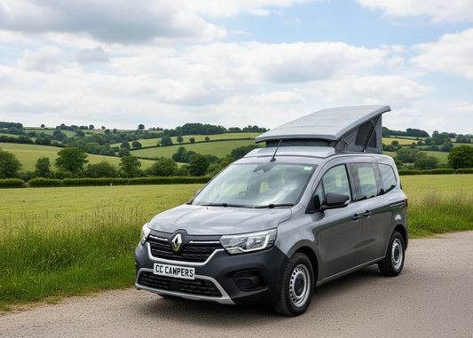 CCCampers Renault Kangoo LWB 2020 pop-top roof closed — exterior side view, white GRP finish with integrated front spoiler