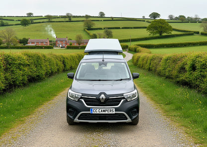 CCCampers Renault Kangoo LWB 2020 pop-top roof elevated — front three-quarter view showing full standing headroom