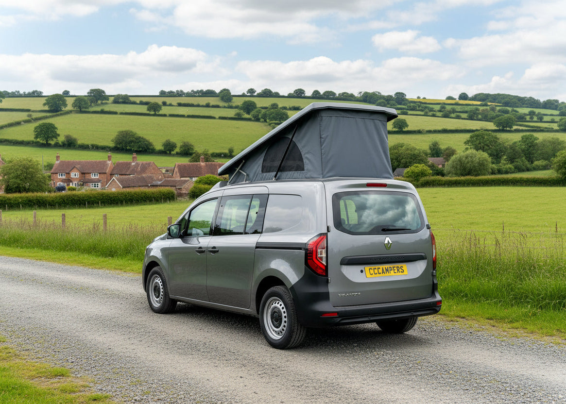 CCCampers Renault Kangoo LWB 2020 pop-top roof open — passenger side view with mesh fly screen visible