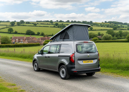 CCCampers Renault Kangoo LWB 2020 pop-top roof open — passenger side view with mesh fly screen visible