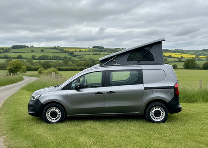 CCCampers Renault Kangoo LWB 2020 pop-top roof open — driver's side view showing scissor hinges and marine-grade canvas