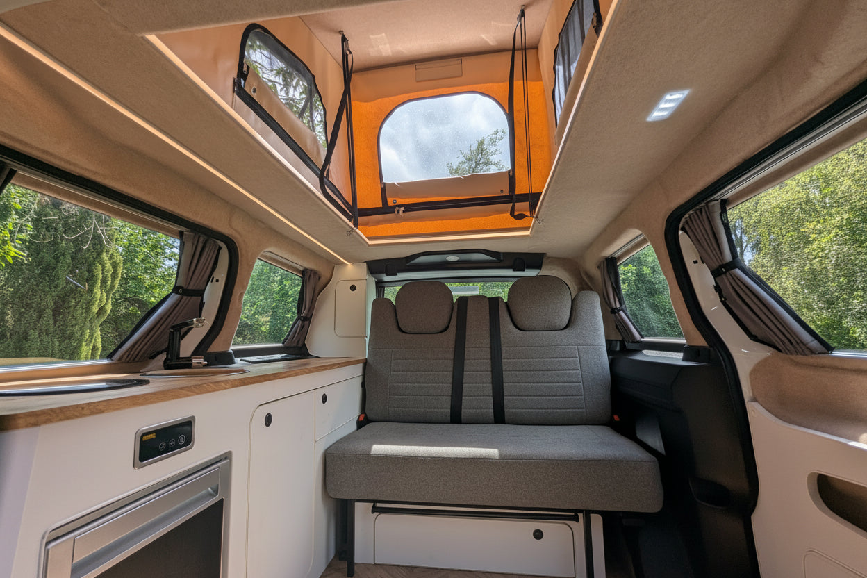 The interior of a Volkswagen ID. Buzz electric campervan showing a gray fabric bench seat, a wood-look countertop, a built-in refrigerator, and an orange-framed window opening under a beige ceiling.