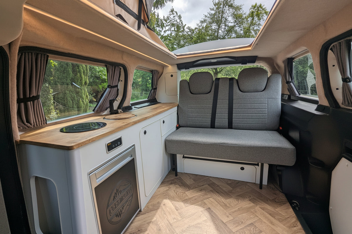 White and oak Interior detail of The Wyre VW ID. Buzz electric campervan by CCCAMPERS, showcasing premium British-built fit and finish.