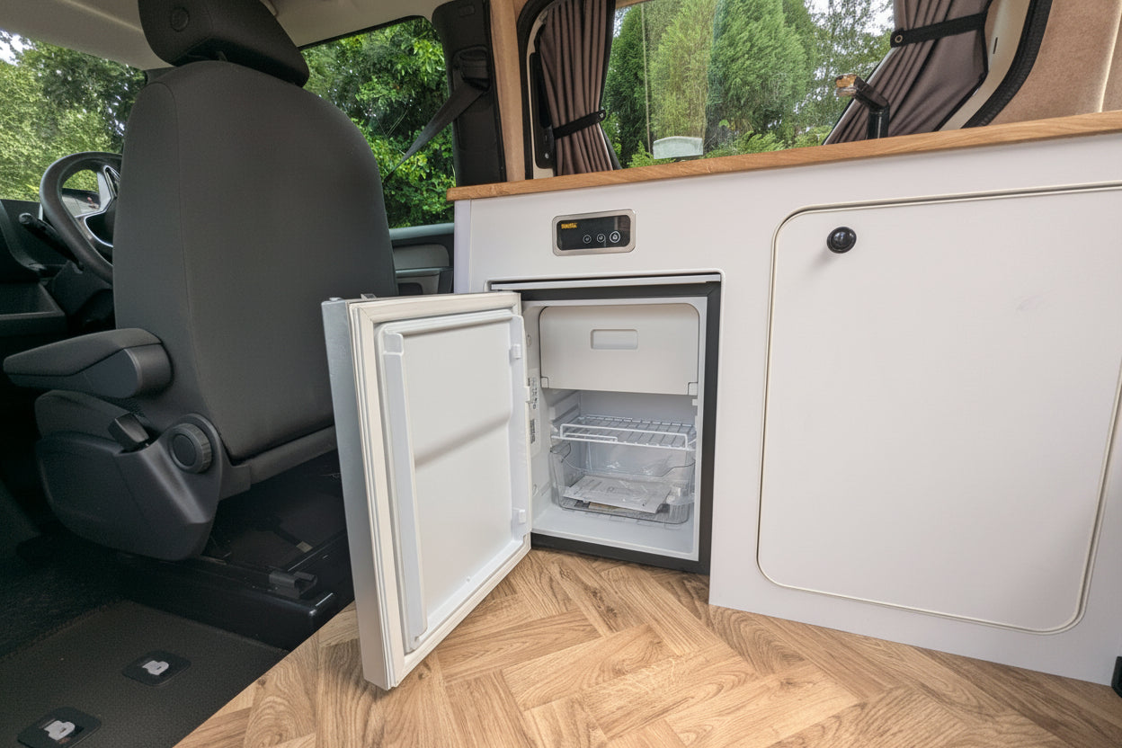Compact 35L smart compressor fridge installed inside The Wyre VW ID. Buzz electric campervan by CCCAMPERS.