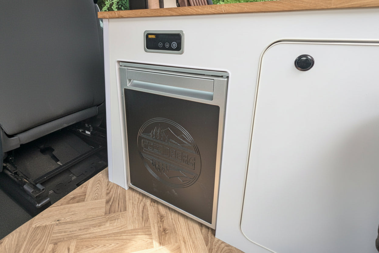 Compact 35L smart compressor fridge installed inside The Wyre VW ID. Buzz electric campervan by CCCAMPERS.