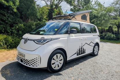 Exterior view of CCCampers' The Wyre, a retro-futuristic all-electric Volkswagen ID. Buzz EV campervan conversion combining classic style with modern sustainable technology.