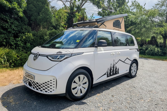 Exterior view of CCCampers' The Wyre, a retro-futuristic all-electric Volkswagen ID. Buzz EV campervan conversion combining classic style with modern sustainable technology.