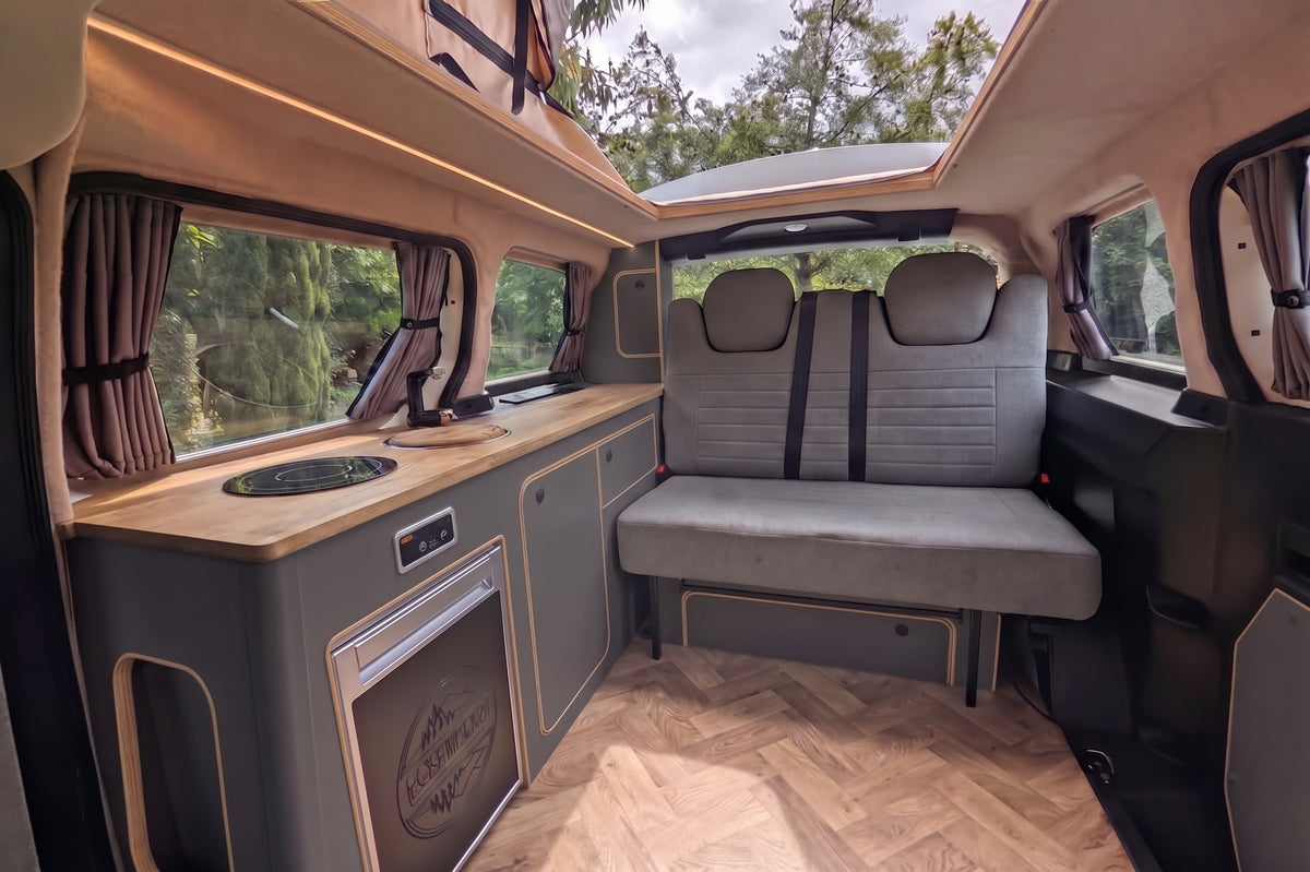 Carbon Grey and oak Interior detail of The Wyre VW ID. Buzz electric campervan by CCCAMPERS, showcasing premium British-built fit and finish.