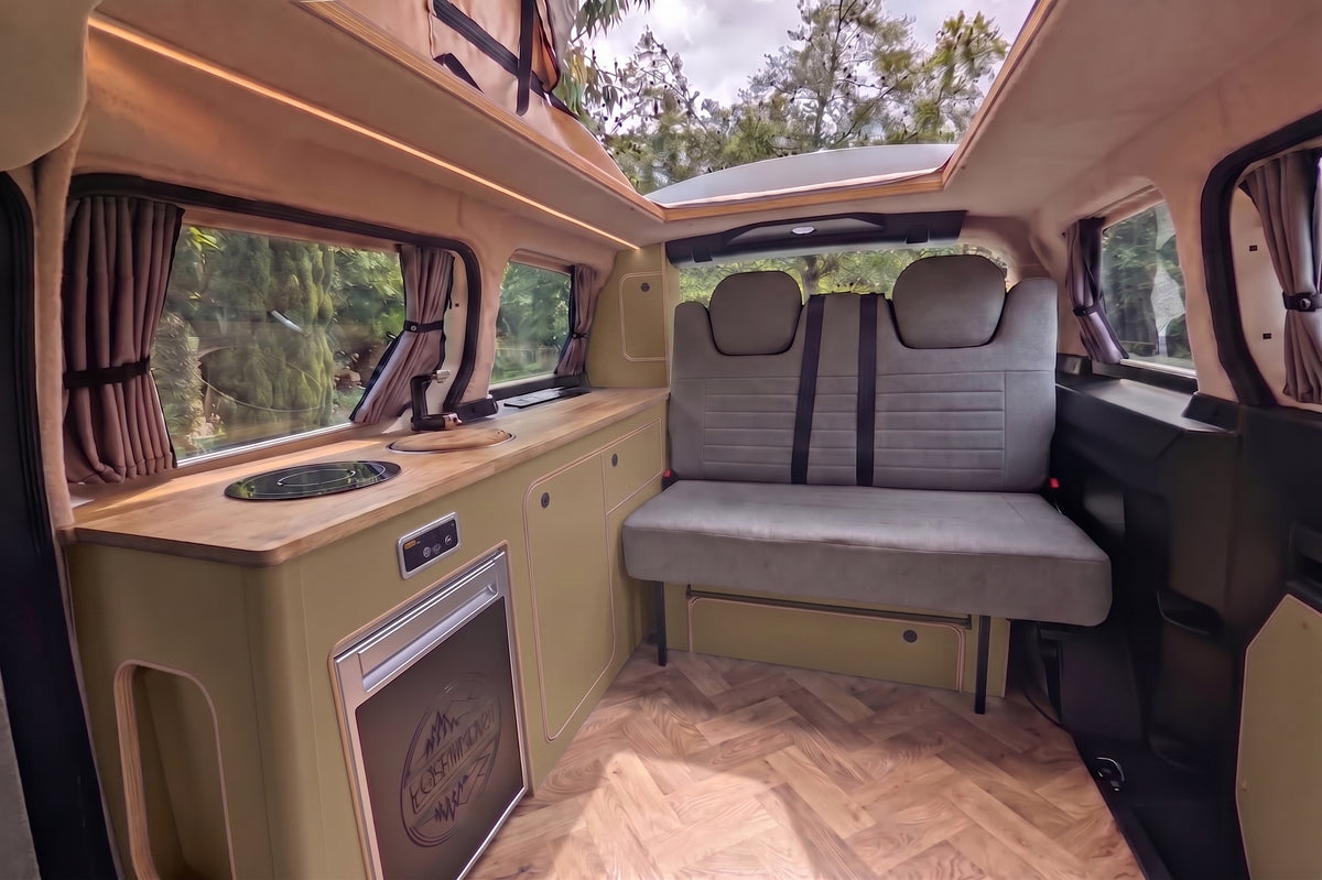 Hybrid and oak Interior detail of The Wyre VW ID. Buzz electric campervan by CCCAMPERS, showcasing premium British-built fit and finish.