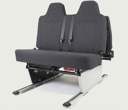 Kia PV5 campervan Shelsley Rock ’n’ Roll seat bed upright, showing the sliding floor rails 1100 mm or 3ft 7.31in wide