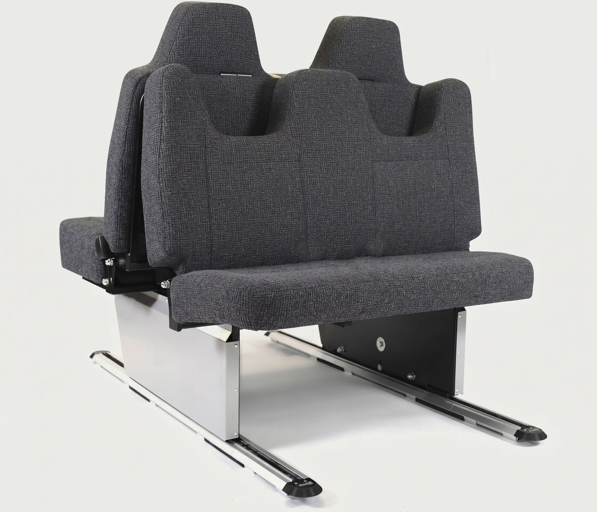 Kia PV5 campervan Shelsley Rock ’n’ Roll seat bed from the rear, showing the metal base and sliding rails