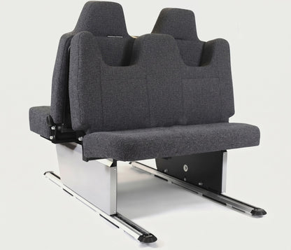 Kia PV5 campervan Shelsley Rock ’n’ Roll seat bed from the rear, showing the metal base and sliding rails