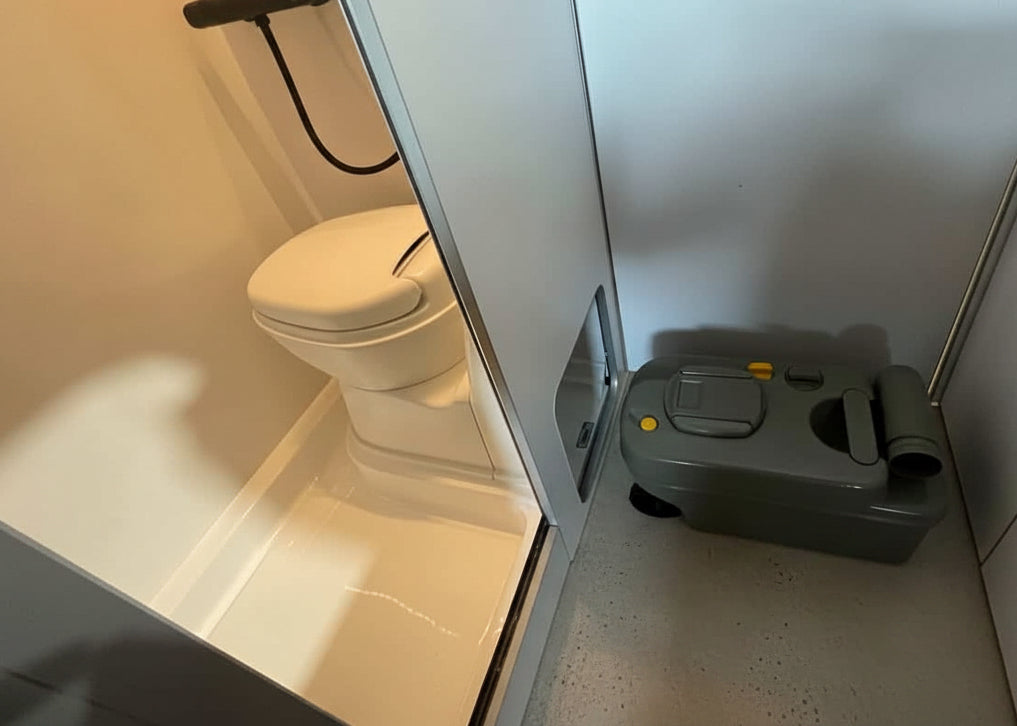 Campervan wet room washroom area with toilet and shower base