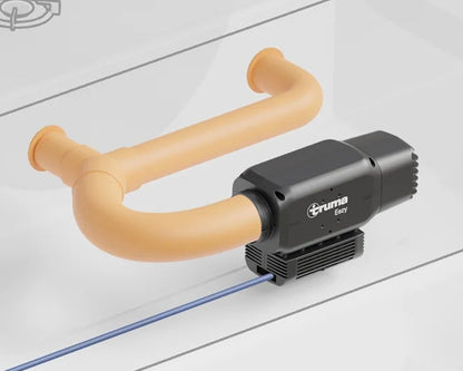 Black Truma Eazy camper heater unit with tan flexible duct connection