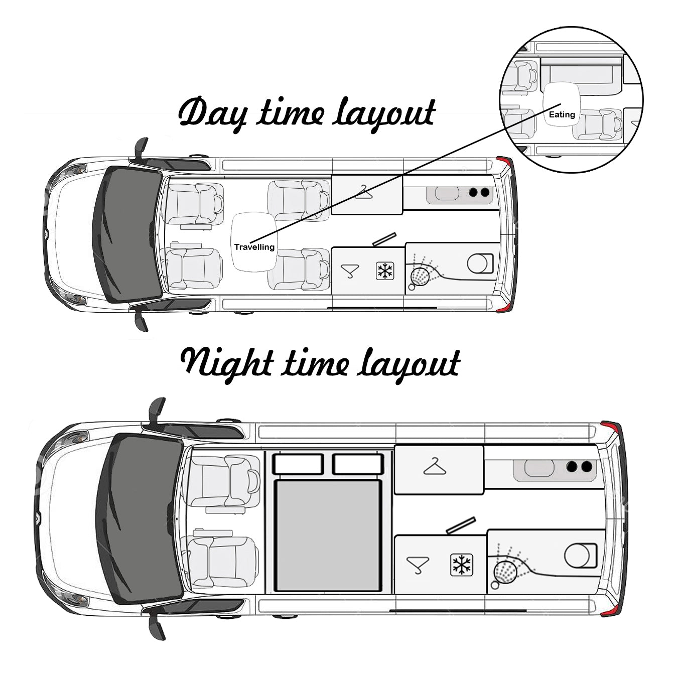 The 'Abberley' Renault Master & Nissan Interstar Campervan Conversion Service by CCCAMPERS — central aisle view showing store-away dining table, overhead lockers, built-in oven, and cab seats beyond