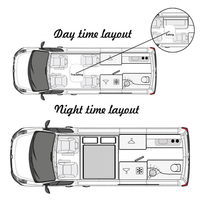 The 'Abberley' Renault Master & Nissan Interstar Campervan Conversion Service by CCCAMPERS — central aisle view showing store-away dining table, overhead lockers, built-in oven, and cab seats beyond