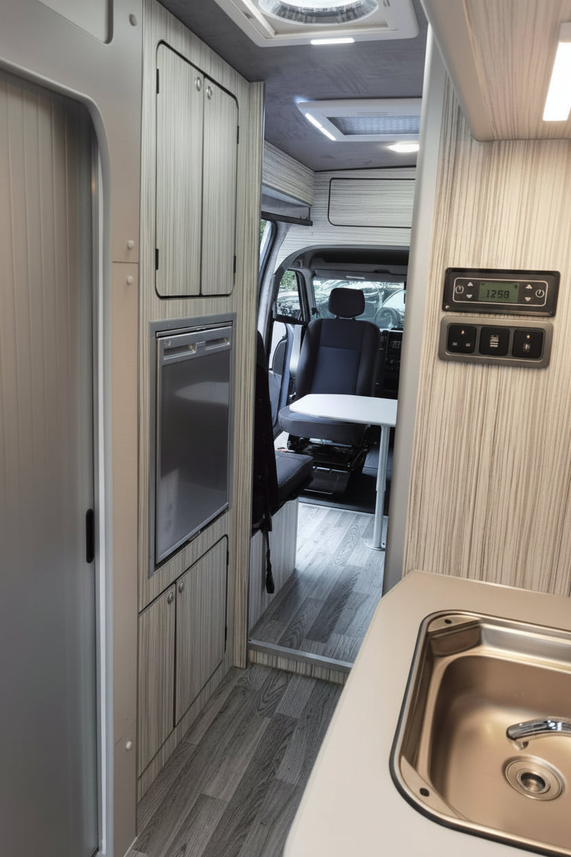 The 'Abberley' Renault Master & Nissan Interstar Campervan Conversion Service by CCCAMPERS — full interior view showing washroom door, integrated fridge, swivel cab seat, and touchscreen control panel